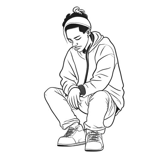 Line art drawing of a young man, representing 6ix9ine, sitting alone with a sad expression.