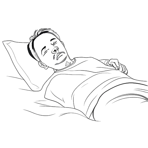 Line art drawing of a man, representing 6ix9ine, lying in a hospital bed.