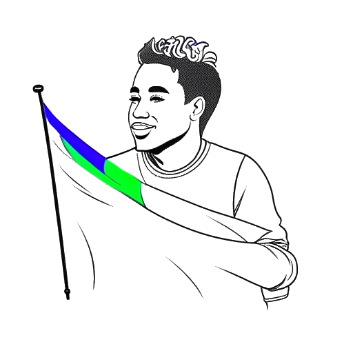 Desenho em arte linear de um homem, representando 6ix9ine, segurando uma bandeira do arco-íris.