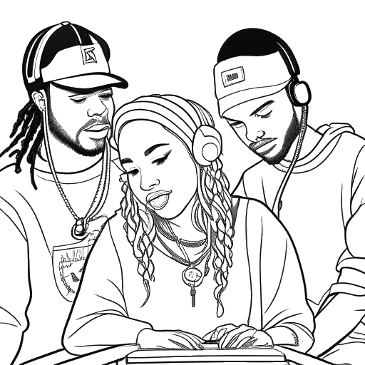 Line art drawing of three people, representing 6ix9ine, Nicki Minaj, and Murda Beatz, working together in a music studio.