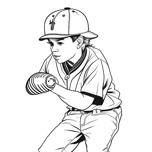Line art drawing of a boy, representing 6ix9ine, playing baseball.