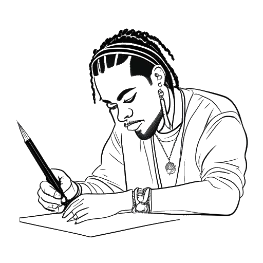 Desenho em arte linear de um homem, representando 6ix9ine, assinando um contrato.