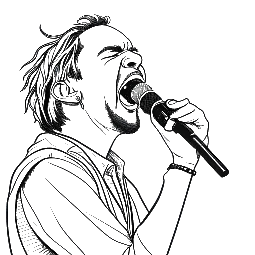 Disegno in stile line art di un uomo, rappresentante 6ix9ine, che canta in un microfono.