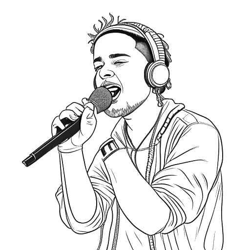 Dibujo de arte lineal de un joven, representando a 6ix9ine, sosteniendo un micrófono.