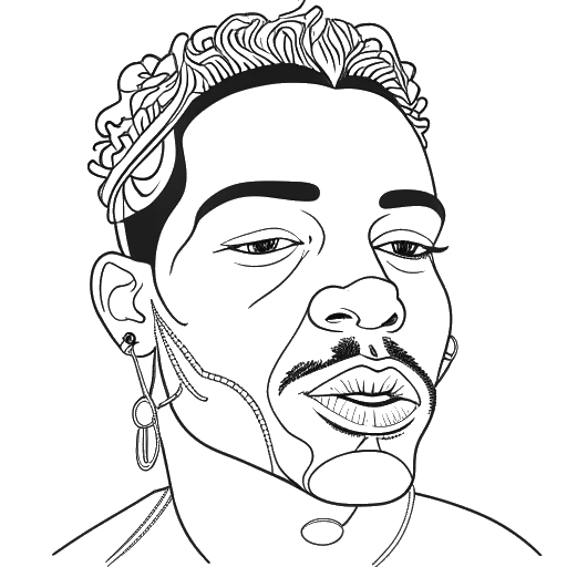 Dibujo de arte lineal de la cara de un hombre, representando a 6ix9ine, con tatuajes y un inhalador para el asma.