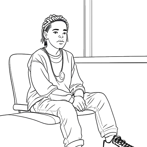 Line art drawing of a boy, representing 6ix9ine, sitting in a therapist's office.