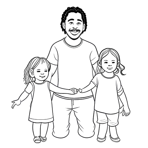Line art drawing of a man, representing 6ix9ine, holding two children's hands.