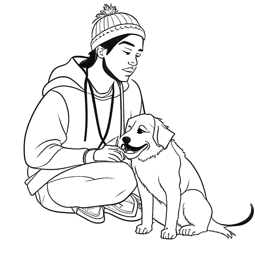 Desenho em arte linear de um homem, representando 6ix9ine, assistindo anime com um cachorro.