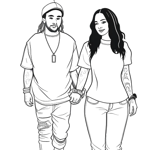 Line art drawing of a man and a woman, representing 6ix9ine and Yailin La Más Viral, holding hands.