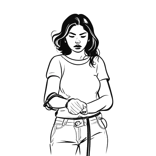 Line art drawing of a woman, representing Yailin La Más Viral, being handcuffed.