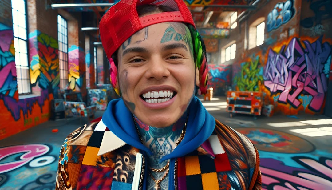 6ix9ine, an artist with a bald head and colorful hair, confidently looking into the camera amidst vibrant street art and graffiti walls. The thumbnail portrays energy, creativity, and a unique sense of style.