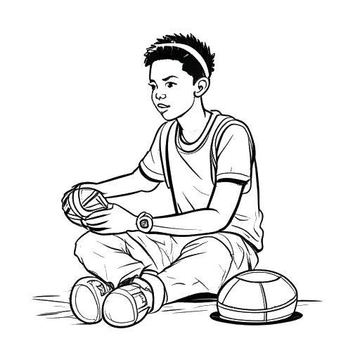 Desenho em arte linear de um homem, representando Agente 00 (Din Muktar), com talento natural em esportes e jogos, se destacando no basquete e em videogames desde a infância.