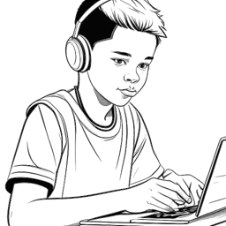 Line art drawing of a young boy, representing Agent 00 during his early YouTube days at age 12, displaying NBA 2K skills and entrepreneurial pursuits.