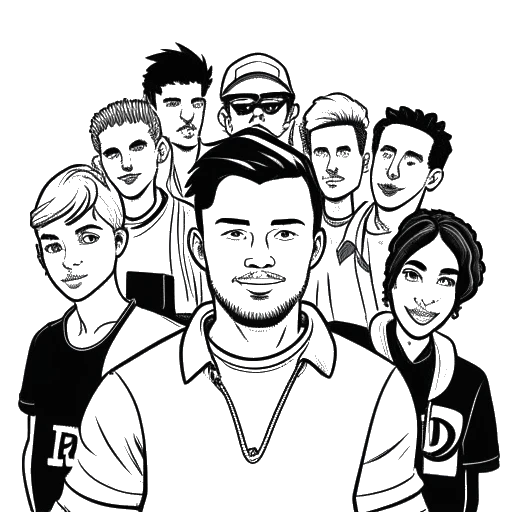 Desenho artístico de um homem com um crachá do grupo 'AMP' e vários outros YouTubers ao fundo, representando o Agente 00.