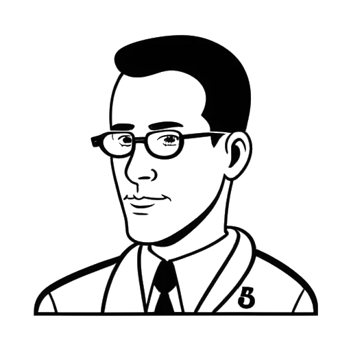 Line art drawing of a man wearing a birthdate badge, representing Agent 00, born on April 23, 1996.