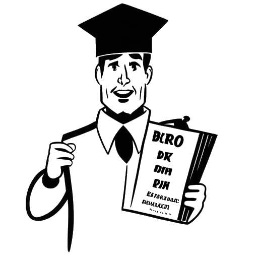 Dibujo de línea de un hombre sosteniendo un diploma con la etiqueta 'Universidad de Brock' y una 'X' encima, representando al Agente 00.