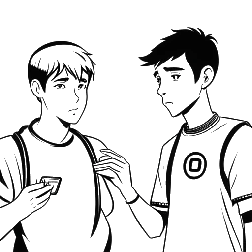 Line art drawing of two brothers interacting with a YouTube logo in the background, representing Agent 00 and his younger brother.