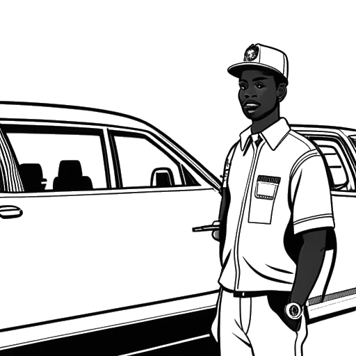 Line art drawing of a man wearing an Ethiopian flag badge with a taxi in the background, representing Agent 00's father.