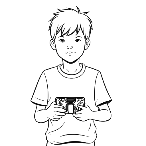 Line art drawing of a young boy holding a video game controller and a basketball, representing Agent 00.
