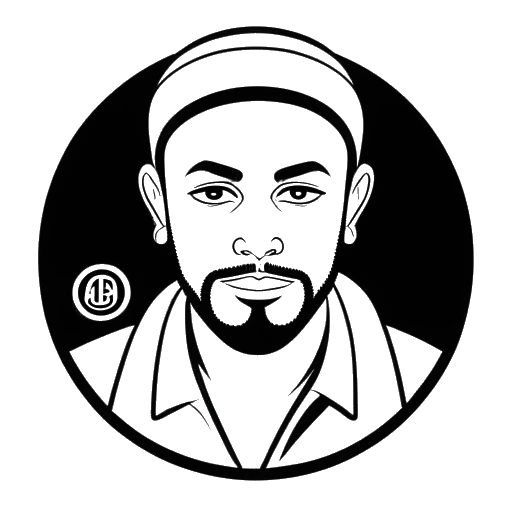 Line art drawing of a man with a 'mixed ethnicity' badge and an Islam symbol in the background, representing Agent 00.
