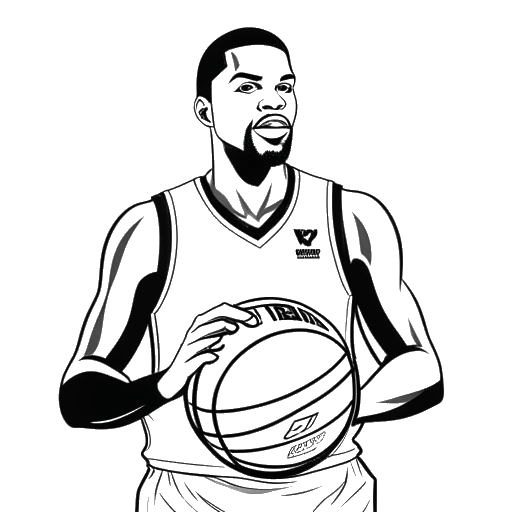 Lijntekening van een man die een basketbal vasthoudt met een NBA 2K-logo op de achtergrond, die Agent 00 vertegenwoordigt.