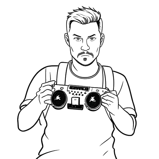 Dibujo de línea de un hombre sosteniendo un control de PS1 con una etiqueta de juego 'Call of Duty', representando al Agente 00.