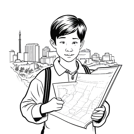 Dibujo de línea de un joven ambicioso con un mapa de Toronto en el fondo, representando al Agente 00.