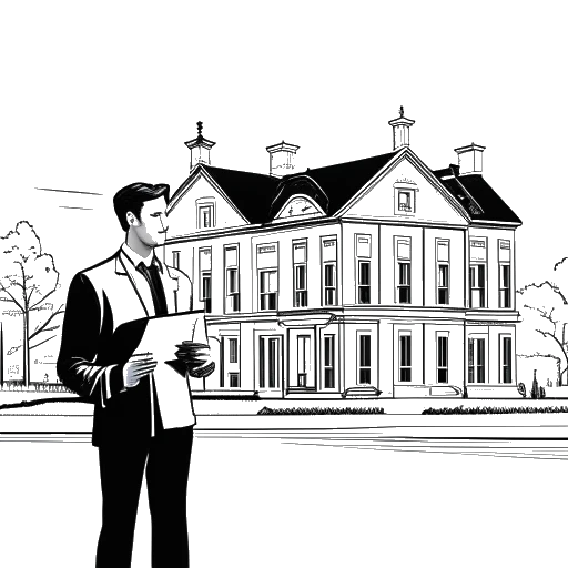 Dibujo de línea de un hombre parado frente a una mansión con un mapa de Toronto en el fondo, representando al Agente 00.