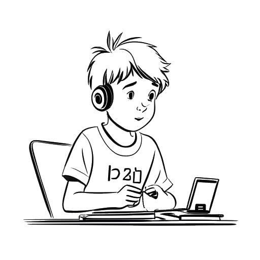 Line art drawing of a young boy editing video footage with the number '12' displayed, representing Agent 00.
