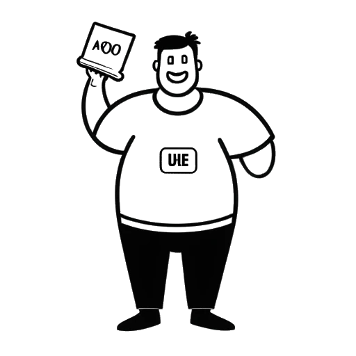 Dibujo de línea de un hombre sosteniendo una insignia de '100 lbs' de pérdida de peso, representando al Agente 00.