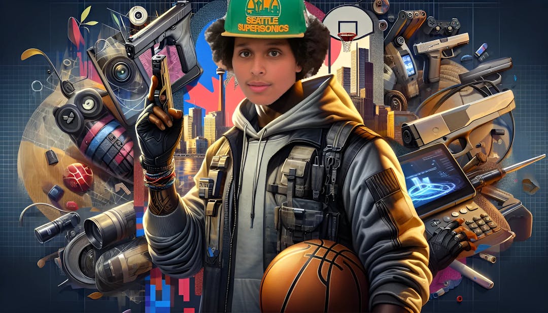 Din Muktar (Agent 00), vêtu d'une tenue d'espion moderne alliant style urbain et éléments tactiques, se tient devant une représentation abstraite de Toronto avec des motifs de basketball et de jeux vidéos.