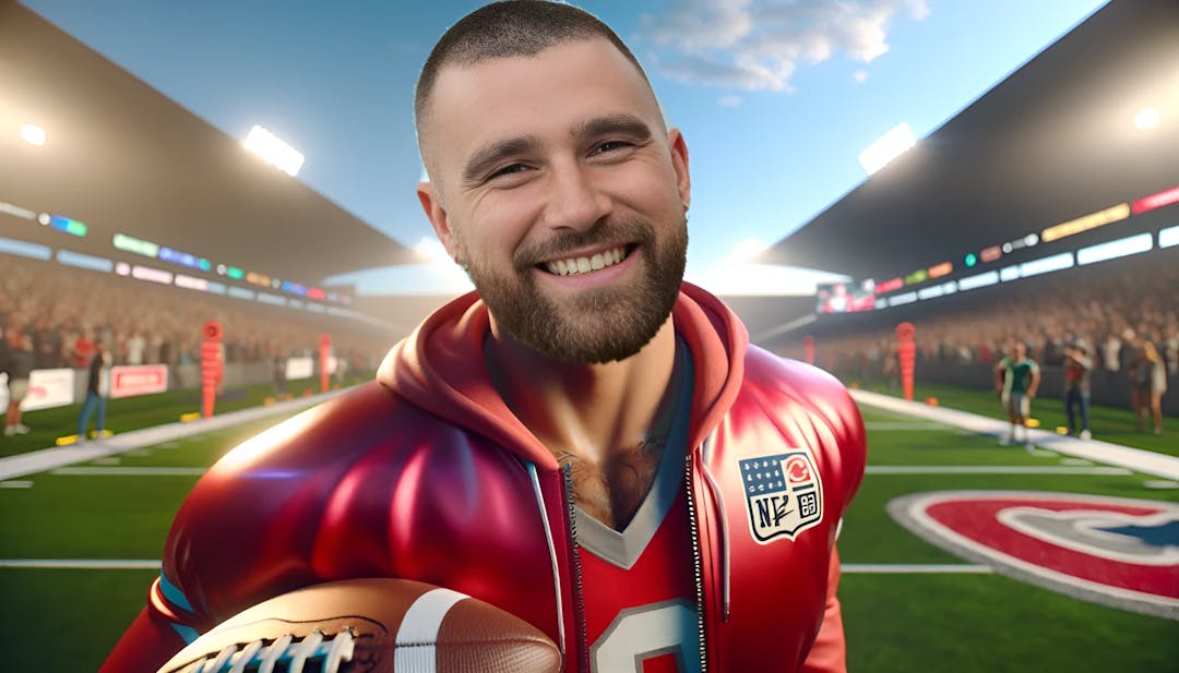 Travis Kelce in Kansas City Chiefs attire, smiling with a football under his arm on a sunny game day with vibrant stadium atmosphere in the background