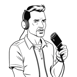 Eine einzeilige Zeichnung eines Mannes, der MontanaBlack darstellt, mit einem entschlossenen Gesichtsausdruck. Er hält ein Mikrofon in einer Hand und einen Gaming-Controller in der anderen, alles vor einem weißen Hintergrund.