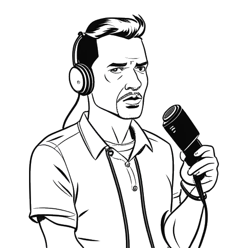 Eine einzeilige Zeichnung eines Mannes, der MontanaBlack darstellt, mit einem entschlossenen Gesichtsausdruck. Er hält ein Mikrofon in einer Hand und einen Gaming-Controller in der anderen, alles vor einem weißen Hintergrund.