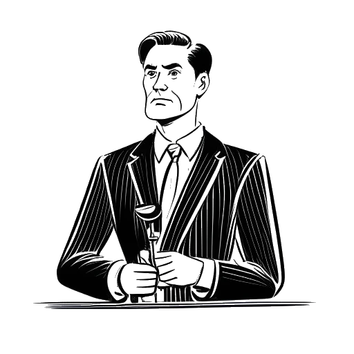 Eine einzeilige Zeichnung eines Mannes, der MontanaBlack repräsentiert, einen Anzug trägt und in einem Gerichtssaal steht. Er hält einen Hammer in der Hand und hat einen besorgten Gesichtsausdruck, alles vor einem weißen Hintergrund.