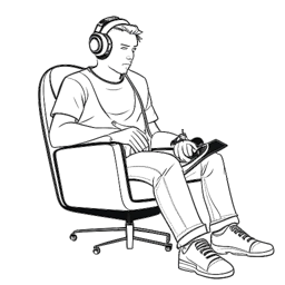 Eine einzeilige Zeichnung eines Mannes, der MontanaBlack darstellt und auf einem Gaming-Stuhl sitzt. Er trägt Kopfhörer und hält einen Game-Controller, mit einem konzentrierten Gesichtsausdruck, alles vor einem weißen Hintergrund.