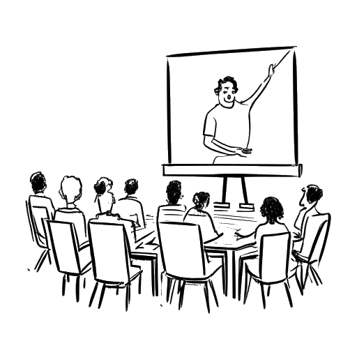 Eine einzeilige Zeichnung eines Mannes, der MontanaBlack darstellt und vor einem Computerbildschirm sitzt. Auf dem Bildschirm ist ein großes Publikum zu sehen, das aufgeregt mit ihm interagiert, alles vor einem weißen Hintergrund.