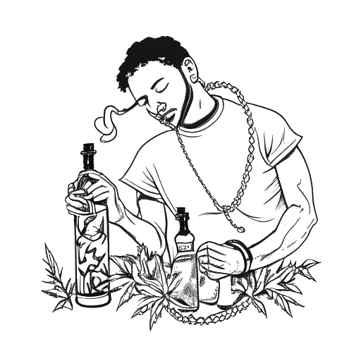 Strichzeichnung eines Mannes, der MontanaBlack repräsentiert, der Ketten sprengt, die die Abhängigkeit symbolisieren, mit Marihuanablättern, einer Flasche und einer Kokainlinie im Hintergrund.