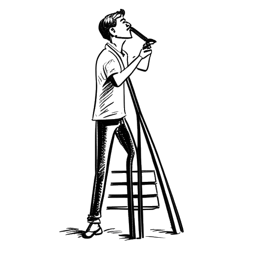 Strichzeichnung eines Mannes, der MontanaBlack repräsentiert und ein Mikrofon hält, mit einer Leiter und verschiedenen Hindernissen im Hintergrund.