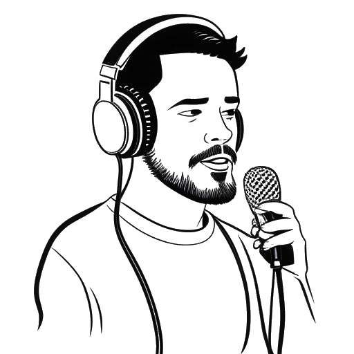 Strichzeichnung eines Mannes, der MontanaBlack darstellt, der ein Mikrofon mit Kopfhörern hält, mit einem Podcast-Logo im Hintergrund.