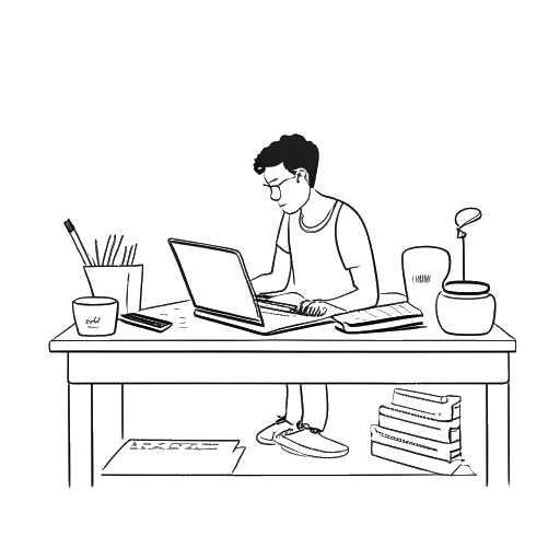 Disegno in stile line art di un uomo che rappresenta Bailey Munoz che cucina in cucina con libri e un laptop intorno a lui.