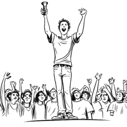 Strichzeichnung eines Mannes, der Bailey Munoz darstellt, der auf der Bühne von jubelnden Menschen umgeben einen Pokal hält.