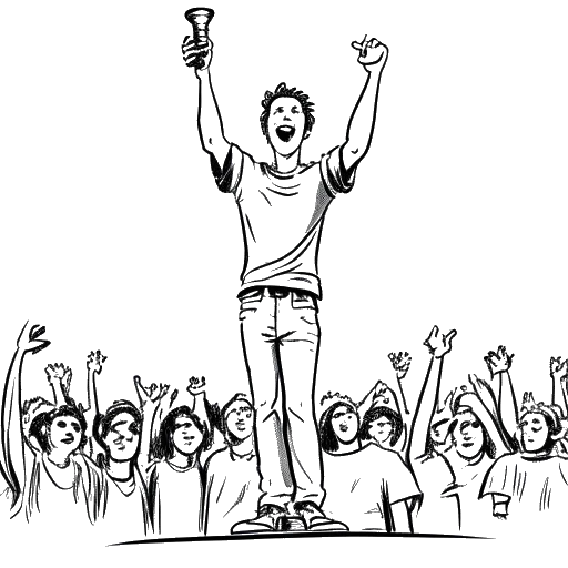 Desenho em arte linear de um homem, representando Bailey Munoz, segurando um troféu no palco cercado por uma multidão aplaudindo.