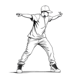 Desenho em arte linear de um menino, representando Bailey Munoz, com um boné de beisebol e tênis, exibindo suas habilidades de dança em um palco.
