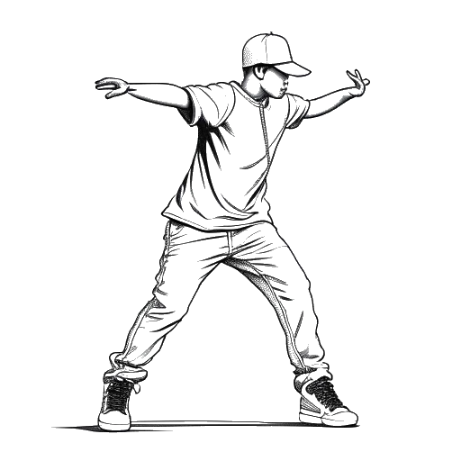 Desenho em arte linear de um menino, representando Bailey Munoz, com um boné de beisebol e tênis, exibindo suas habilidades de dança em um palco.