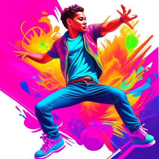 Uma ilustração dinâmica de um homem incorporando Bailey Munoz, exemplificando suas rotinas de dança energéticas com artistas renomados como Chris Brown e Bruno Mars. A representação visual encapsula seu triunfo no SYTYCD e sugere seu espírito empreendedor e investimentos variados.