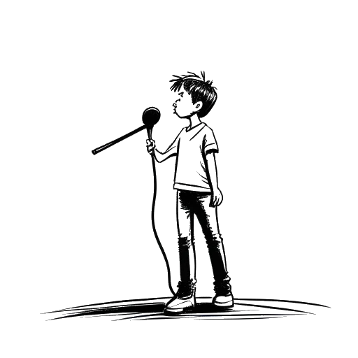 Desenho em arte linear de um menino, representando Bailey Munoz, se apresentando em um palco com um holofote.