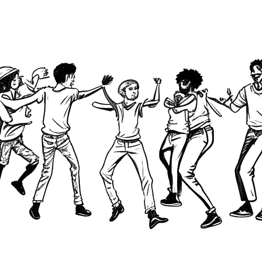 Dibujo de arte lineal de un niño, representando a Bailey Munoz, bailando con un grupo de bailarines mayores.