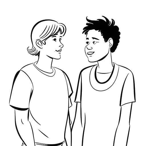 Line art drawing of a young adult, representing Bailey Munoz, talking to a friend.