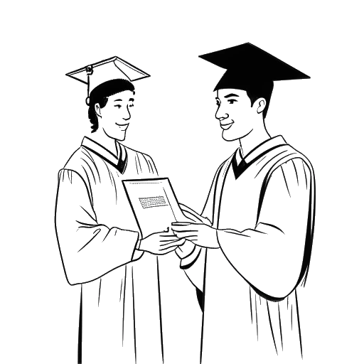 Dibujo de arte lineal de un adulto joven, representando a Bailey Munoz, recibiendo un diploma en una ceremonia de graduación.